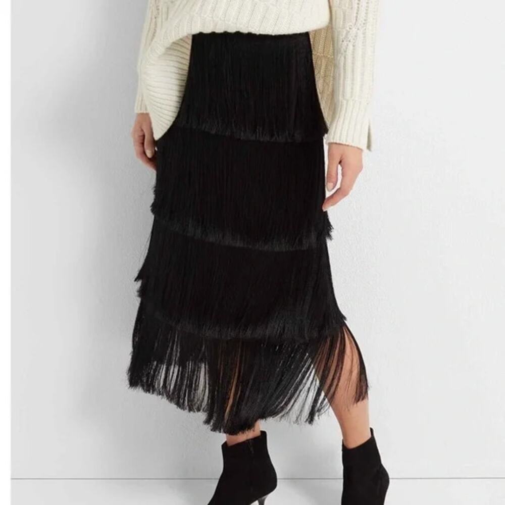 Club Monaco Women's Black Fringe Midi Skirt Size 12